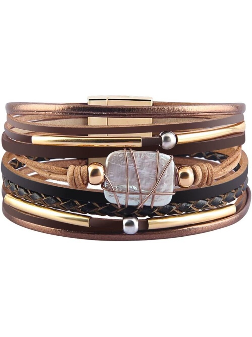 Women's Pearl Boho Leopard Multi-layer Crystal Beads Cuff Leather Wrap Bracelets